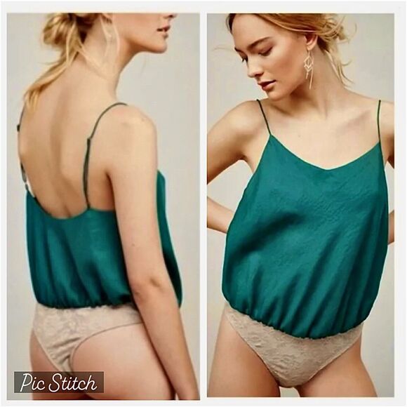 Free People Emerald Green Satin Blouson Bodysuit Tan Snap Lace Brief M - Picture 1 of 12